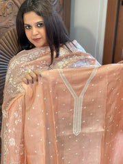 Lite Peach Suit Set with Thread Embroidery in Pure Tussar Silk