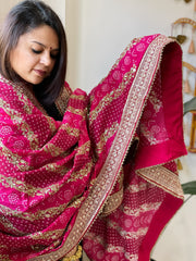 Pink Printed Bandhej Dupatta in Chinon with Gold Thread and Sequin Work