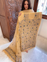 Lite Peach Suit Set with Kantha Handwork in Pure Tussar Silk