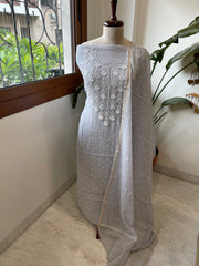 Grey Suit Set with Pearl, Cut Daana and Lucknowi Thread Handwork  in Pure Mul Chanderi