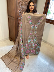 Golden Brown Suit Set with Cross-Stitch Embroidery in Pure Tussar Silk