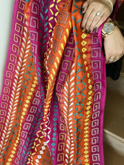 Orange, Pink Handmade Kantha Dupatta in Silk