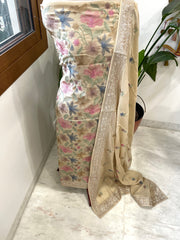 Gold Suit Set with Thread Embroidery in Mul Cotton