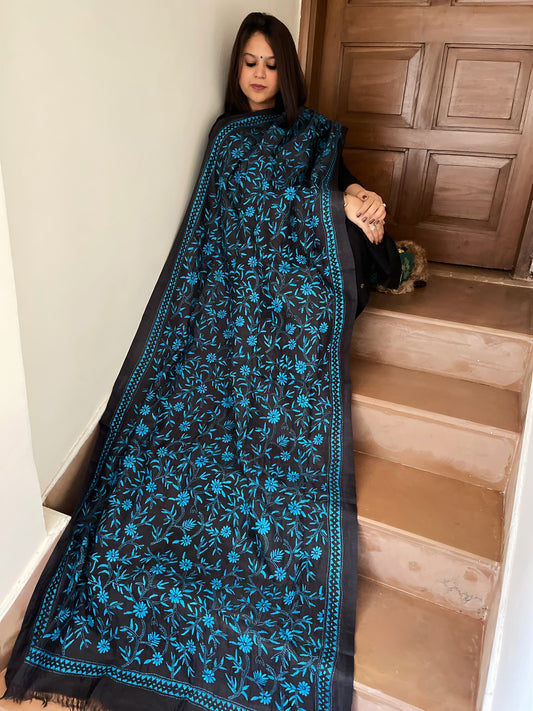 Black Handmade Nakshi Kantha Dupatta in Silk