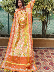 Lite Yellow Handwoven Ikat Patola with Gotapatti & Pearl Handwork dupatta in Pure Silk