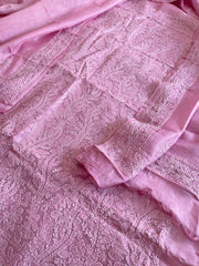 Pink Suit Set with Lucknowi Handwork in Pure Tussar Silk