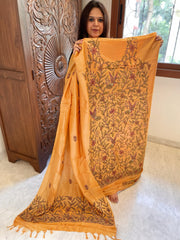 Lite Orange Suit Set with Kantha Handwork in Pure Tussar Silk