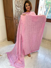 Pink Suit Set with Lucknowi Handwork in Pure Tussar Silk