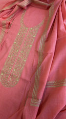 Neon Pink Winter Suit Set with Aari Work in Pashmina Wool