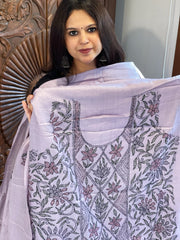 Lavender Suit Set with Kantha Handwork in Pure Tussar Silk
