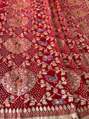 Red Handmade Bandhani Saree with Krishna Motif & Meenakari in Pure Georgette