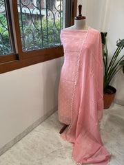 Peachish Pink Suit Set with Gold Thread & Sequin Work in Pure Mul