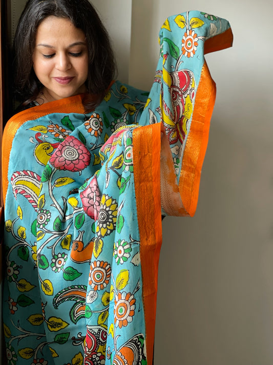 Handpainted Kalamkari Dupatta in Chennuri Silk