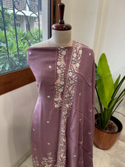 Mauve Suit Set with Parsi Gara Embroidery Dupatta in Mul Cotton