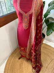 Maroon Suit Set with Handwoven Kaani and Zari in Pure Silk
