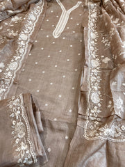 Gold Suit Set with Thread Embroidery in Pure Tussar Silk