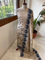 Gold, Blue Suit Set with Thread Embroidery and Pitta Work in Tissue Chanderi