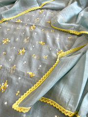 Greenish Grey Suit Set with Thread Embroidery in Pure Mul