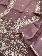 Mauve Suit Set with Parsi Gara Embroidery Dupatta in Mul Cotton