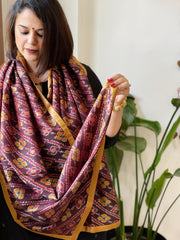 Brown Woven Ikat Stoles in Pure Silk