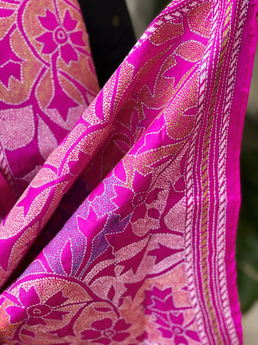 Hot Pink Handmade Reverse Nakshi Kantha Stole in Pure Silk