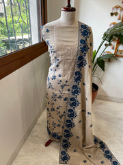 Gold, Blue Suit Set with Thread Embroidery and Pitta Work in Tissue Chanderi