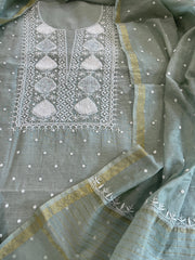 Greenish Grey Suit Set with Pearl, Cut Daana and Lucknowi Thread Handwork  in Pure Mul Chanderi