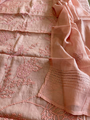 Peach Mul chanderi Suit Set With Knot & Sequin Handwork