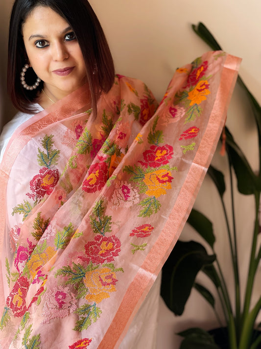 Organza Dupatta with cross-stitch embroidery