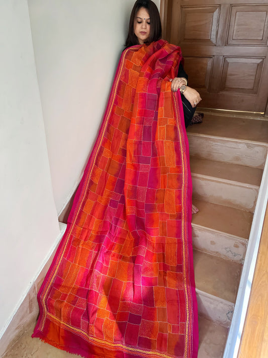 Orange, Pink Handmade Kantha Dupatta in Silk
