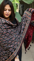 Black Ajrakh Handblock Printed Silk-Woollen Shawl