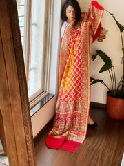 Yellow, Red Rai Bandhej Dupatta with Meenakari Jaal design in Georgette