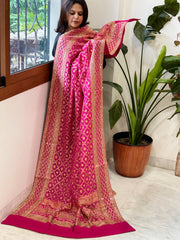 Pink Handwoven NeemZari Bareek Bandhani with Sequin, Dabka Handwork in Pure Georgette