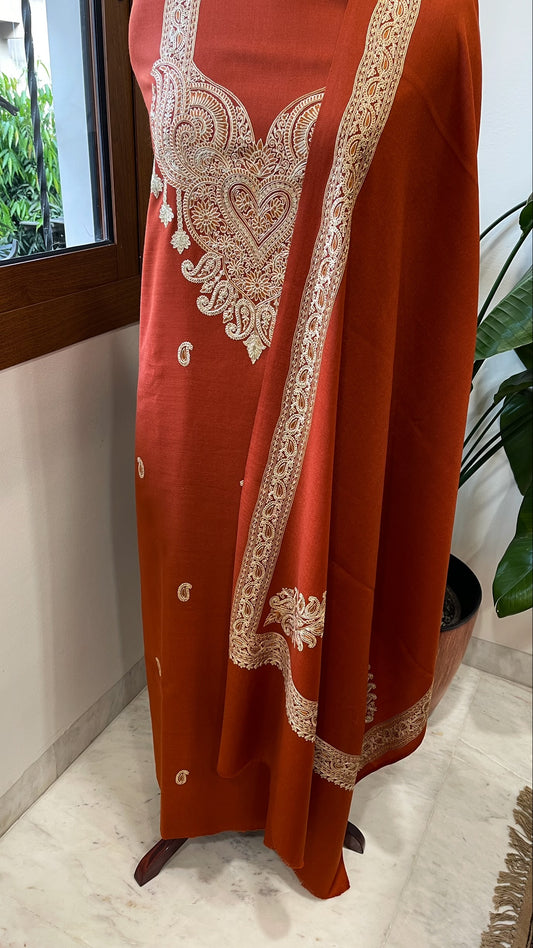Rust Winter Suit Set with Aari Work in Pashmina Wool