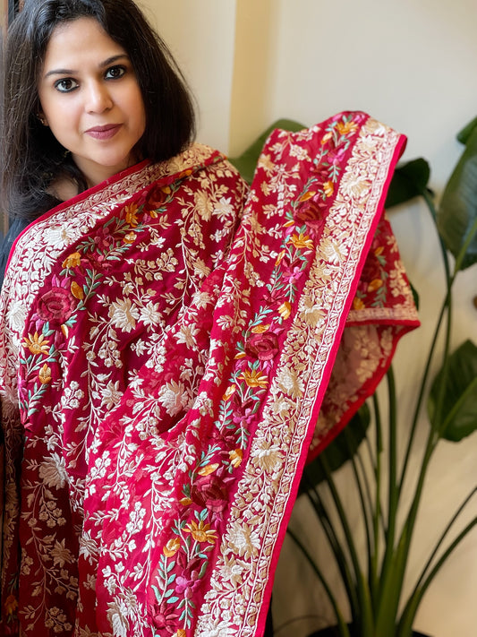 Pink Parsi Gara Embroidery Dupatta in Georgette