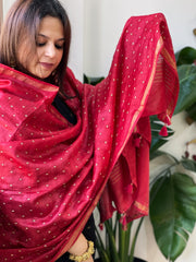 Red Handwoven Muga Silk dupattas with Hand Embroidery