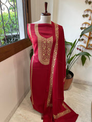 Red Winter Suit Set with Aari Work in Pashmina Wool