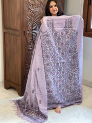 Lavender Suit Set with Kantha Handwork in Pure Tussar Silk