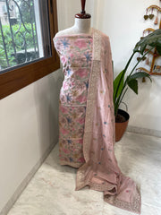 Mauve Suit Set with Thread Embroidery in Mul Cotton