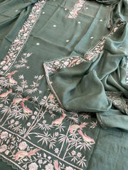 Teal Green Suit Set with Parsi Gara Embroidery Dupatta in Mul Cotton