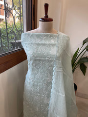 Aqua Suit Set with Thread Embroidery in Pure Mul