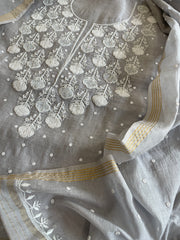 Grey Suit Set with Pearl, Cut Daana and Lucknowi Thread Handwork  in Pure Mul Chanderi