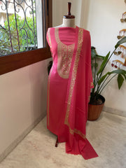 Candy Floss Pink Winter Suit Set with Aari Work in Pashmina Wool