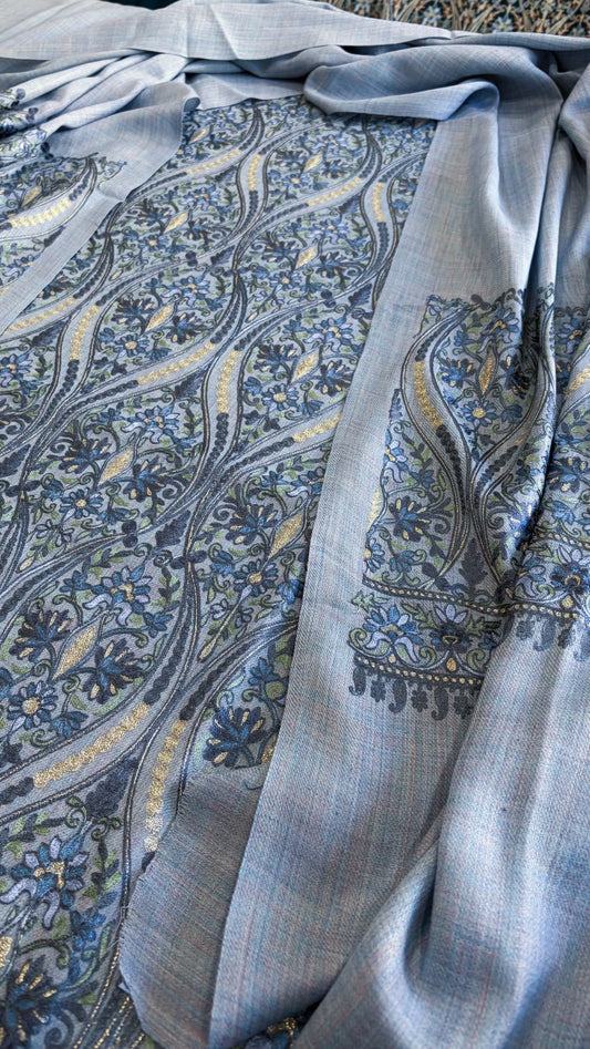 Powder Blue Winter Suit Set with Aari Work in Pashmina Wool