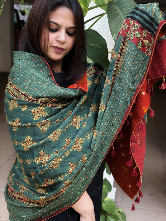 Green Ajrakh Handblock Printed Silk-Woollen Shawl