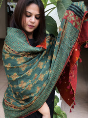 Green Ajrakh Handblock Printed Silk-Woollen Shawl
