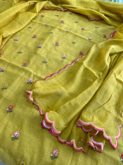 Greenish Yellow Suit Set with Thread Embroidery in Pure Mul