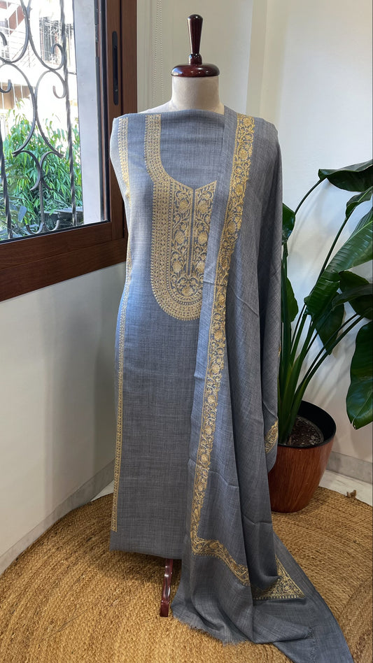 Bluish Grey Winter Suit Set with Aari Work in Pashmina Wool