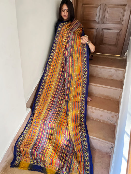 Blue, Yellow Handmade Kantha Dupatta in Silk