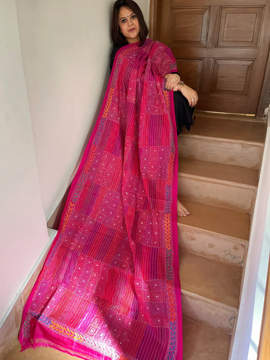 Pink Handmade Kantha Dupatta in Silk